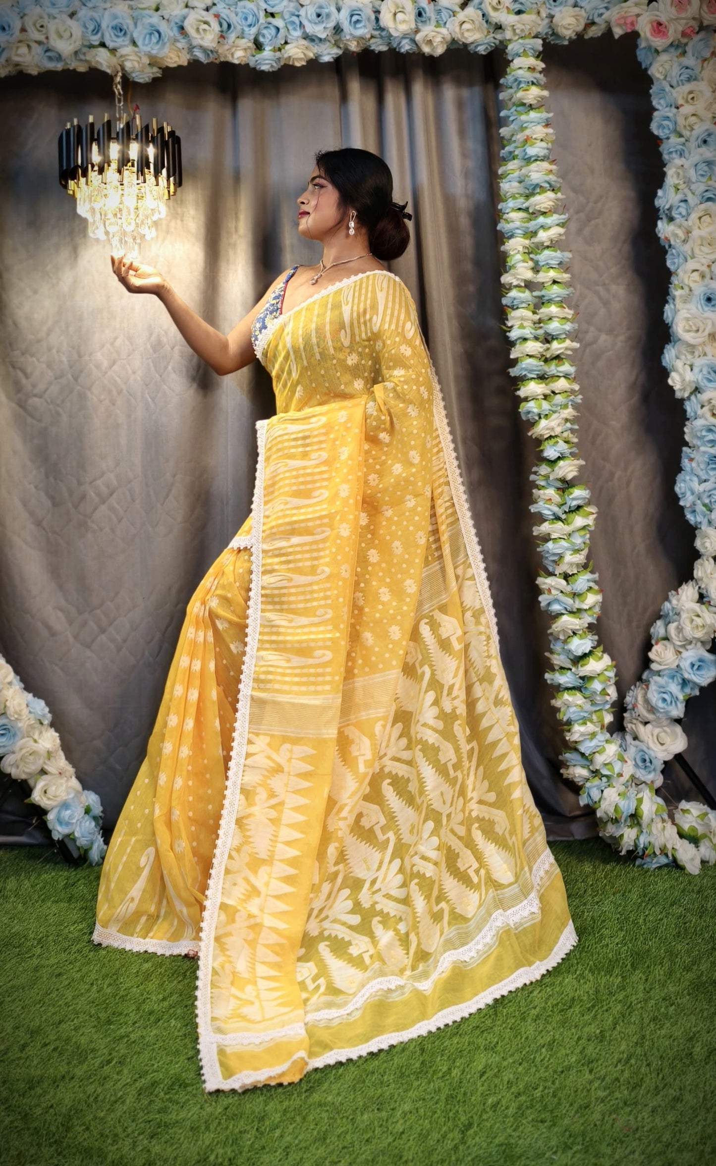 New & Exclusive Korat Dhakai Jamdani Saree – White with Lace Border | Cotton Silk | 5.5m | No Blouse
