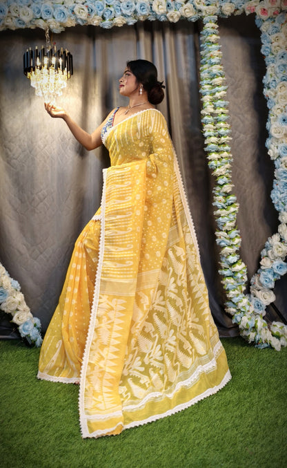 New & Exclusive Korat Dhakai Jamdani Saree – White with Lace Border | Cotton Silk | 5.5m | No Blouse