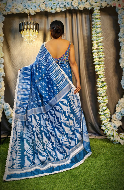 New & Exclusive Korat Dhakai Jamdani Saree – White with Lace Border | Cotton Silk | 5.5m | No Blouse