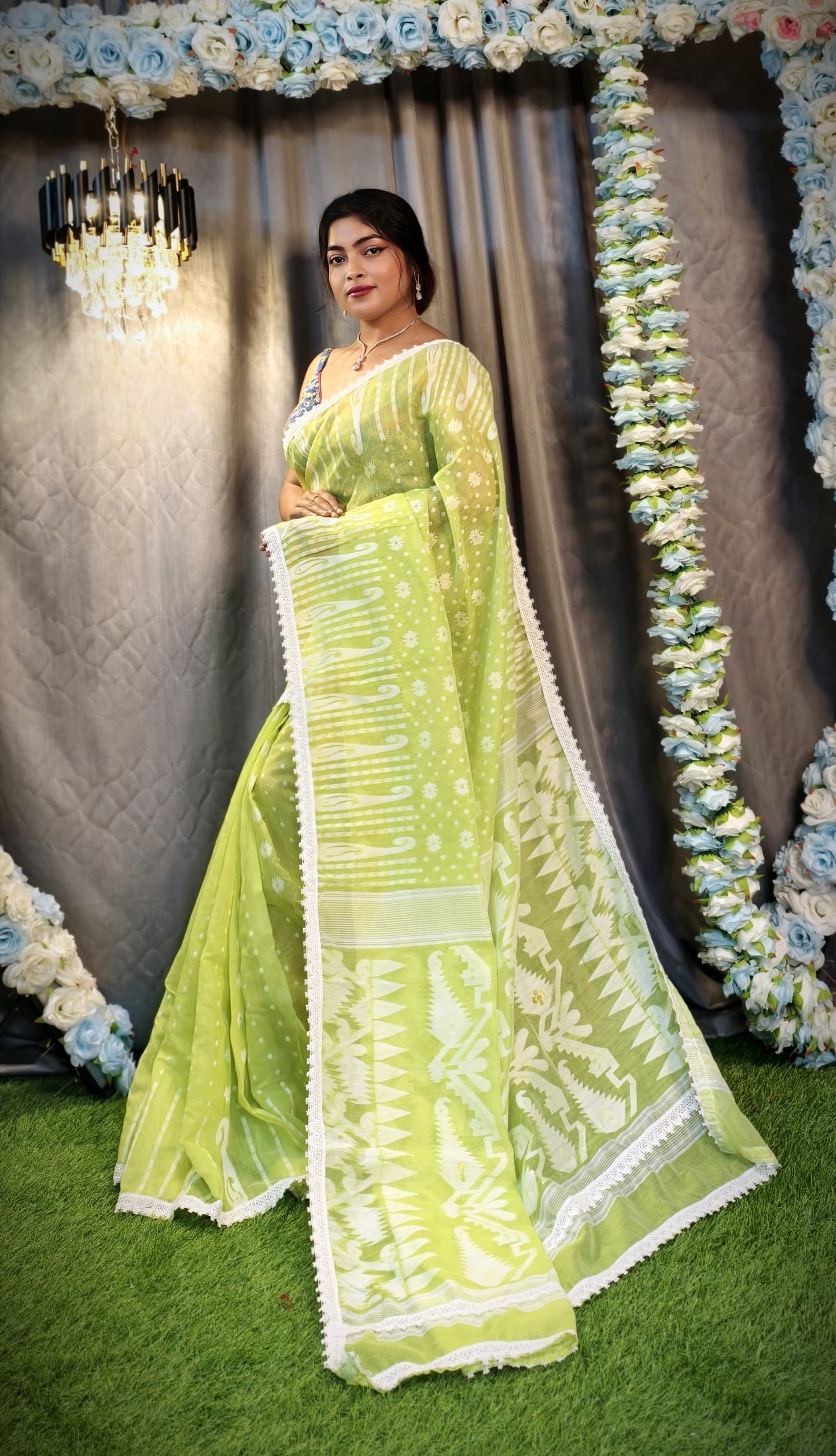 New & Exclusive Korat Dhakai Jamdani Saree – White with Lace Border | Cotton Silk | 5.5m | No Blouse