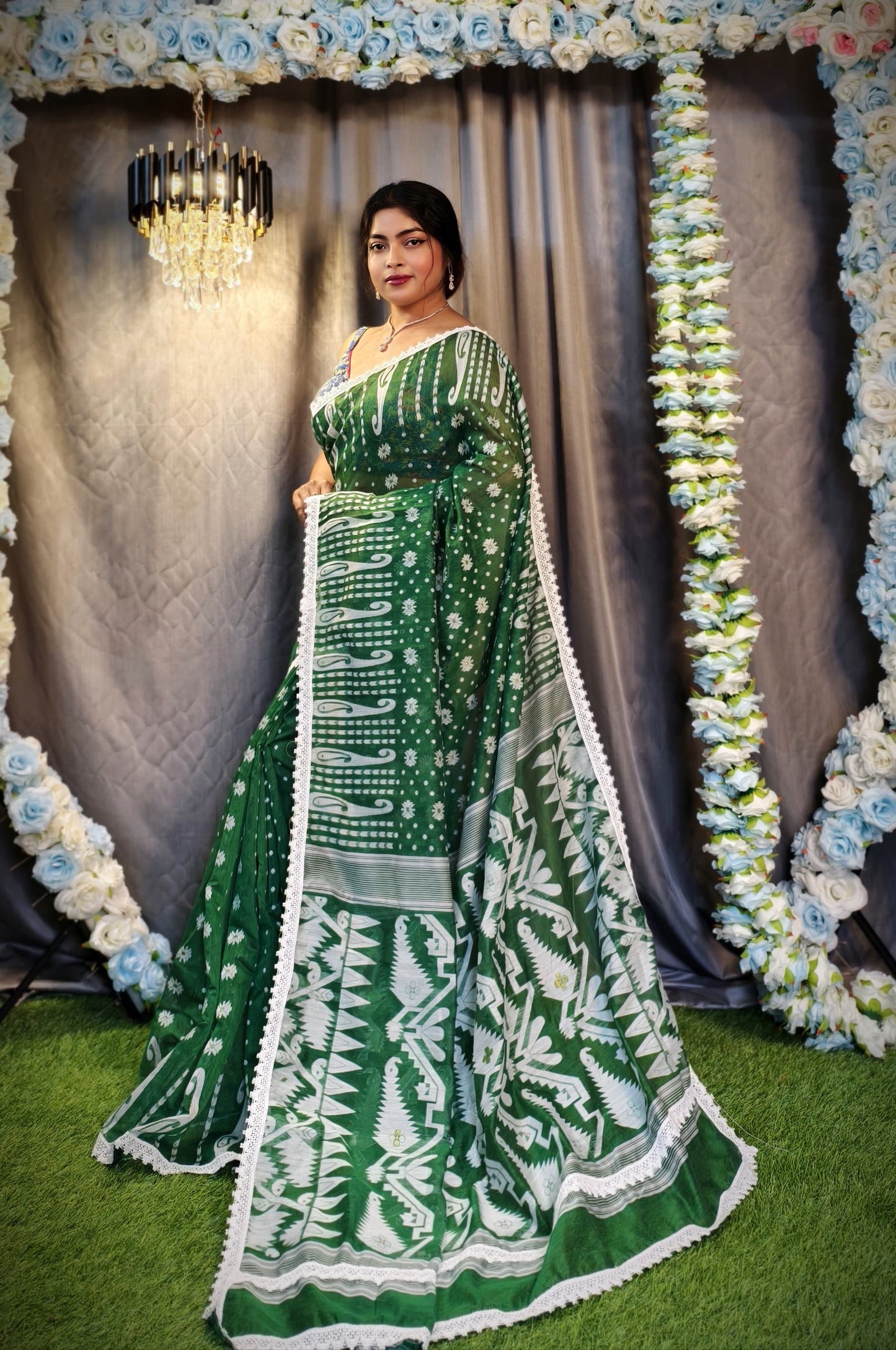 New & Exclusive Korat Dhakai Jamdani Saree – White with Lace Border | Cotton Silk | 5.5m | No Blouse