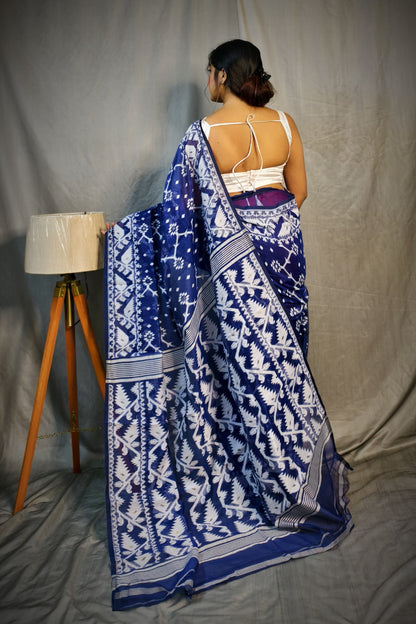 BALIKA TEXTILE Exclusive Korat Dhakai Jamdani Saree – Traditional Cotton Silk Weave – 5.5 M – No Blouse (Blue)