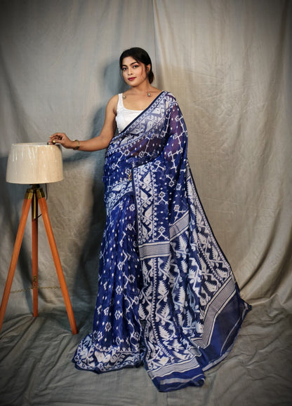 BALIKA TEXTILE Exclusive Korat Dhakai Jamdani Saree – Traditional Cotton Silk Weave – 5.5 M – No Blouse (Blue)