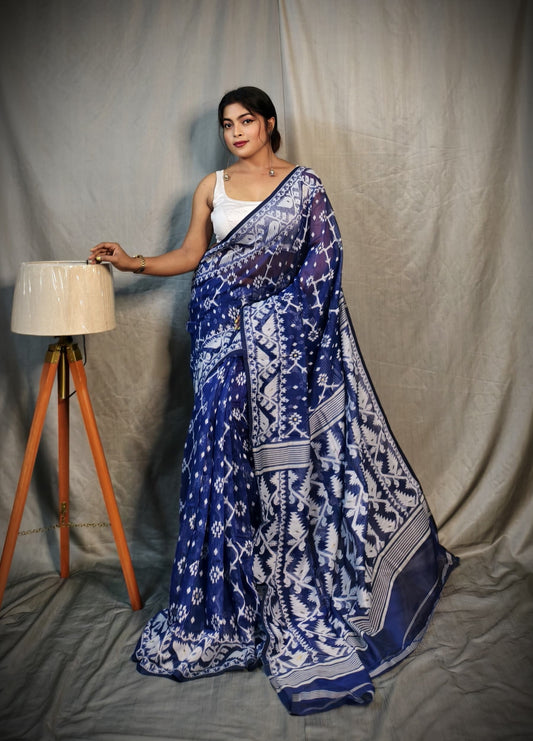 BALIKA TEXTILE Exclusive Korat Dhakai Jamdani Saree – Traditional Cotton Silk Weave – 5.5 M – No Blouse (Blue)