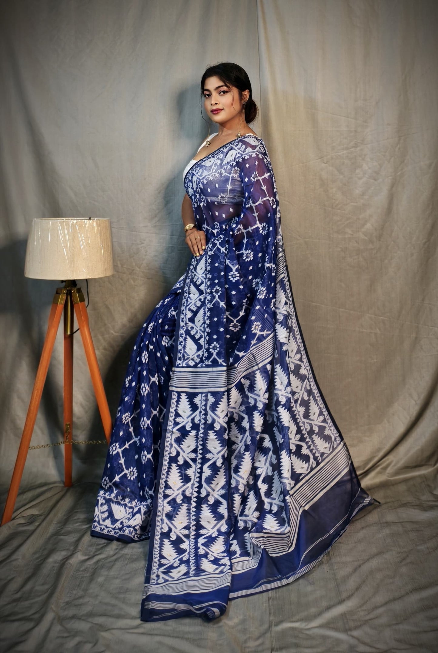 BALIKA TEXTILE Exclusive Korat Dhakai Jamdani Saree – Traditional Cotton Silk Weave – 5.5 M – No Blouse (Blue)