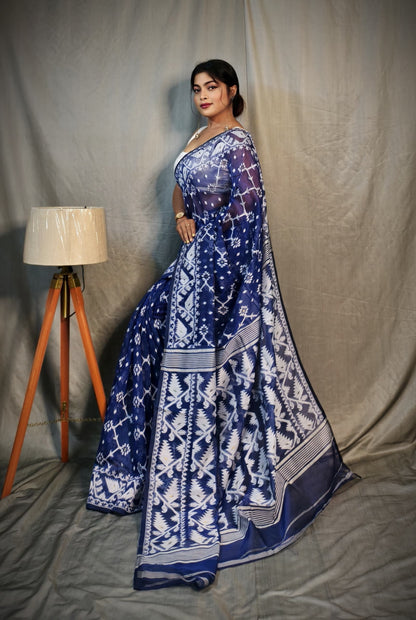BALIKA TEXTILE Exclusive Korat Dhakai Jamdani Saree – Traditional Cotton Silk Weave – 5.5 M – No Blouse (Blue)