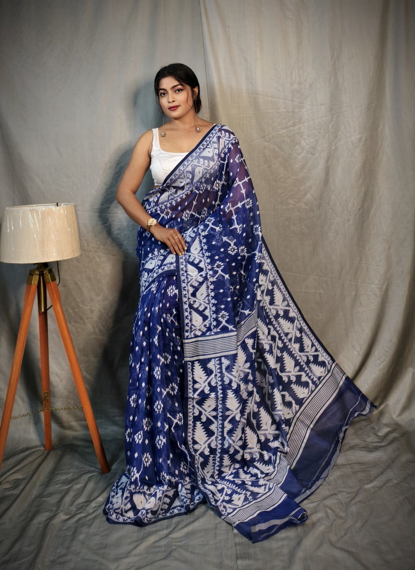 BALIKA TEXTILE Exclusive Korat Dhakai Jamdani Saree – Traditional Cotton Silk Weave – 5.5 M – No Blouse (Blue)