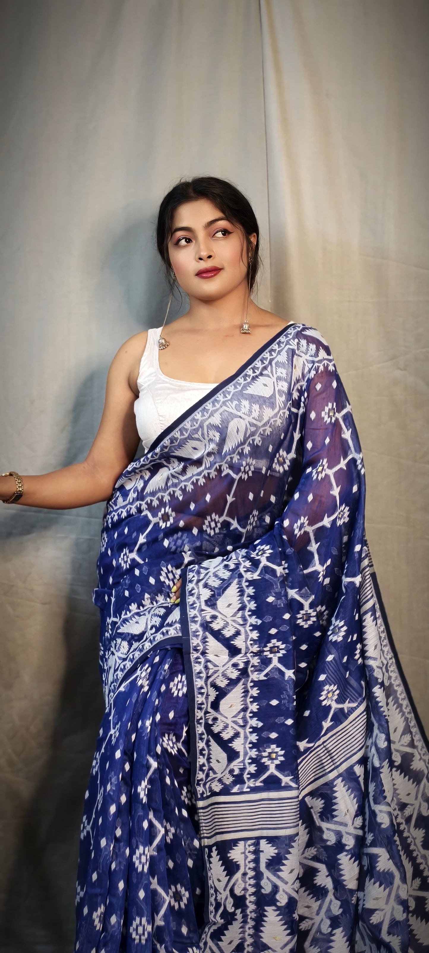 BALIKA TEXTILE Exclusive Korat Dhakai Jamdani Saree – Traditional Cotton Silk Weave – 5.5 M – No Blouse (Blue)