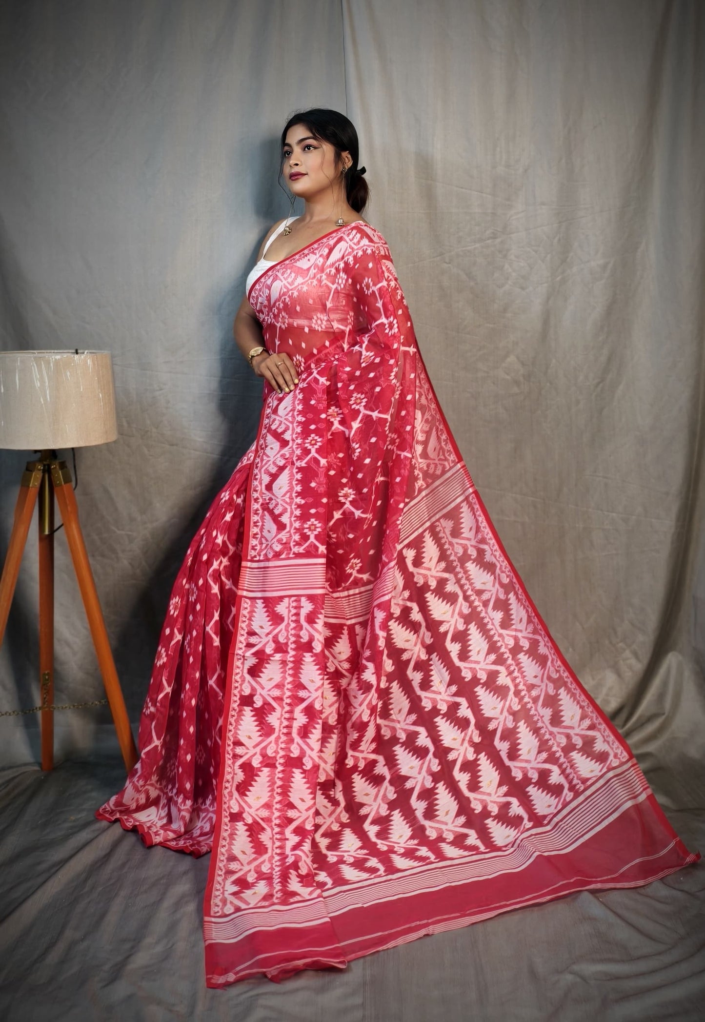 BALIKA TEXTILE Exclusive Korat Dhakai Jamdani Saree – Traditional Cotton Silk Weave – 5.5 M – No Blouse (Pink)