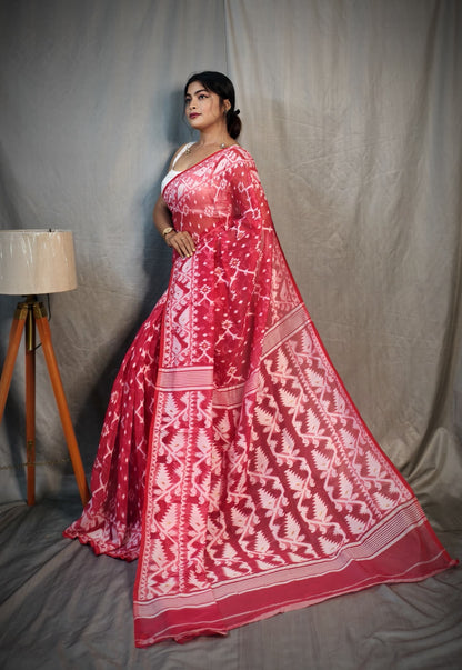 BALIKA TEXTILE Exclusive Korat Dhakai Jamdani Saree – Traditional Cotton Silk Weave – 5.5 M – No Blouse (Pink)