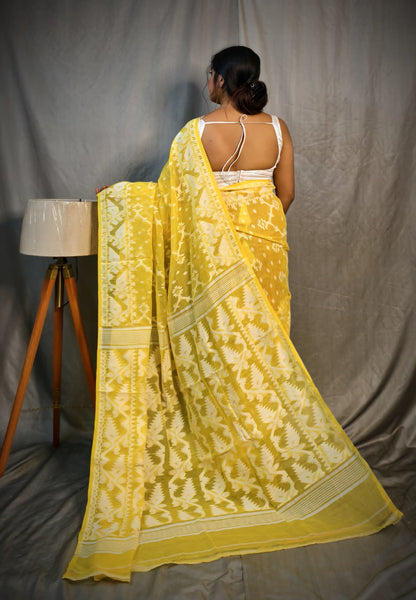 BALIKA TEXTILE Exclusive Korat Dhakai Jamdani Saree – Traditional Cotton Silk Weave – 5.5 M – No Blouse (Yellow)