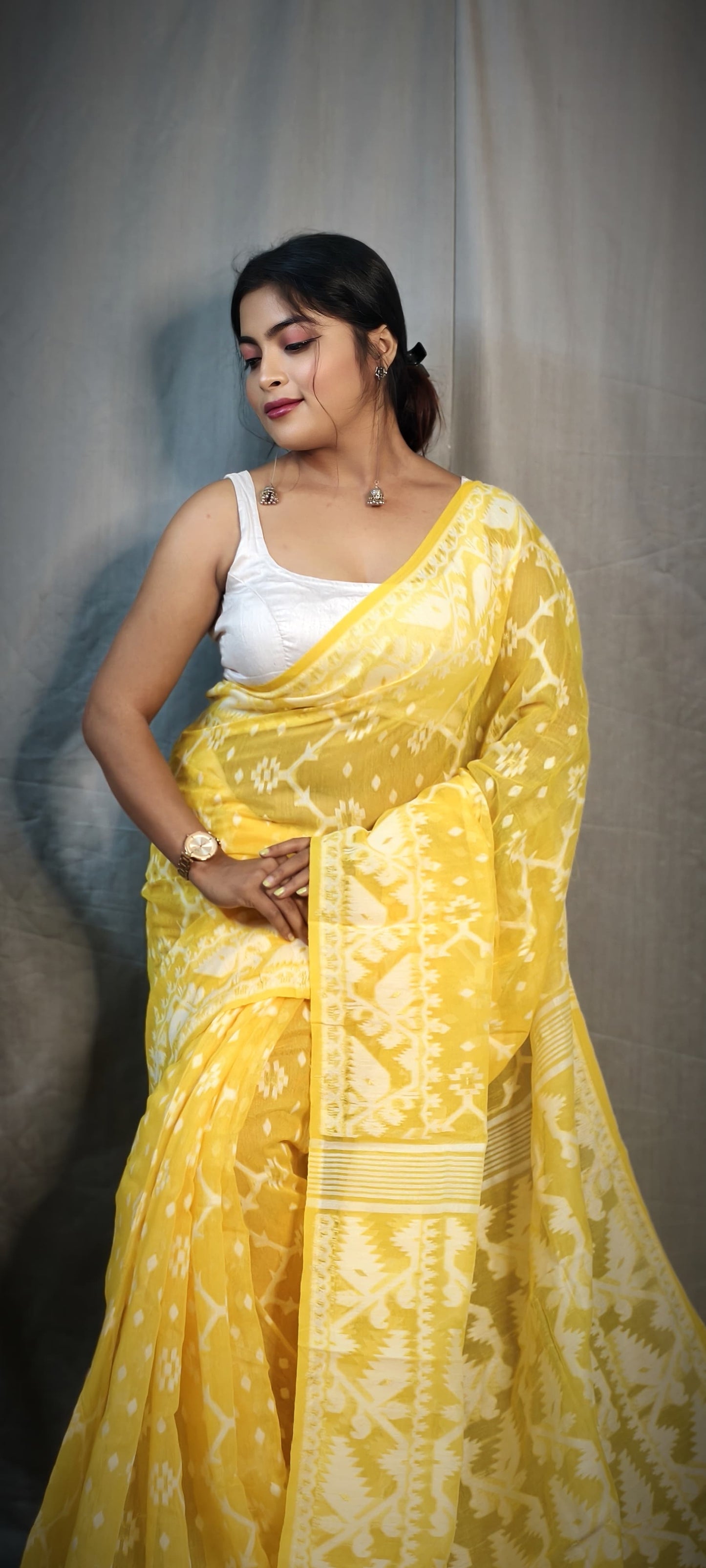 BALIKA TEXTILE Exclusive Korat Dhakai Jamdani Saree – Traditional Cotton Silk Weave – 5.5 M – No Blouse (Yellow)