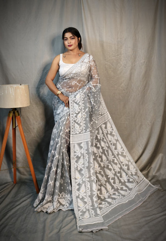 BALIKA TEXTILE Exclusive Korat Dhakai Jamdani Saree – Traditional Cotton Silk Weave – 5.5 M – No Blouse (Grey)