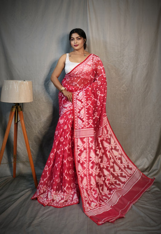 BALIKA TEXTILE Exclusive Korat Dhakai Jamdani Saree – Traditional Cotton Silk Weave – 5.5 M – No Blouse (Pink)