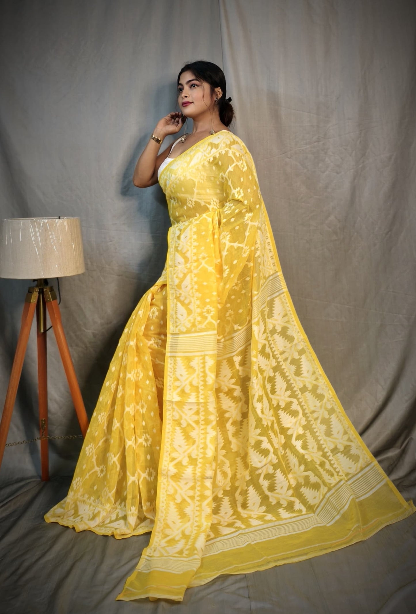 BALIKA TEXTILE Exclusive Korat Dhakai Jamdani Saree – Traditional Cotton Silk Weave – 5.5 M – No Blouse (Yellow)