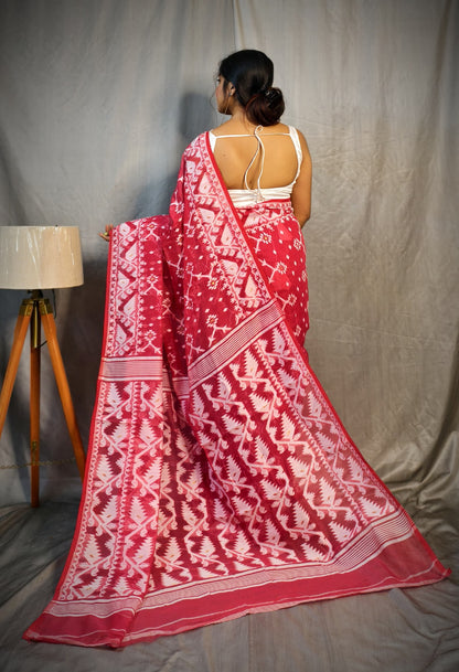 BALIKA TEXTILE Exclusive Korat Dhakai Jamdani Saree – Traditional Cotton Silk Weave – 5.5 M – No Blouse (Pink)