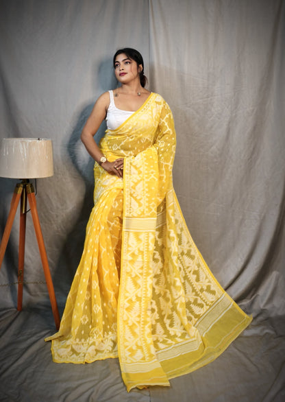 BALIKA TEXTILE Exclusive Korat Dhakai Jamdani Saree – Traditional Cotton Silk Weave – 5.5 M – No Blouse (Yellow)