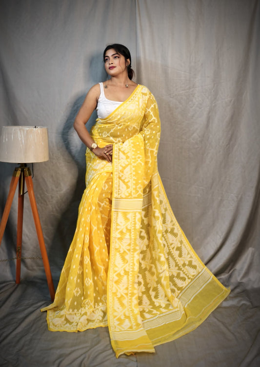 BALIKA TEXTILE Exclusive Korat Dhakai Jamdani Saree – Traditional Cotton Silk Weave – 5.5 M – No Blouse (Yellow)