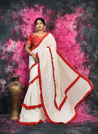 BALIKA TEXTILE White Hakoba Chikankari Cotton Saree with Red Ruffle Border – 5.5M – No Blouse