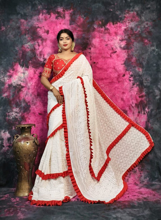 BALIKA TEXTILE White Hakoba Chikankari Cotton Saree with Red Ruffle Border – 5.5M – No Blouse