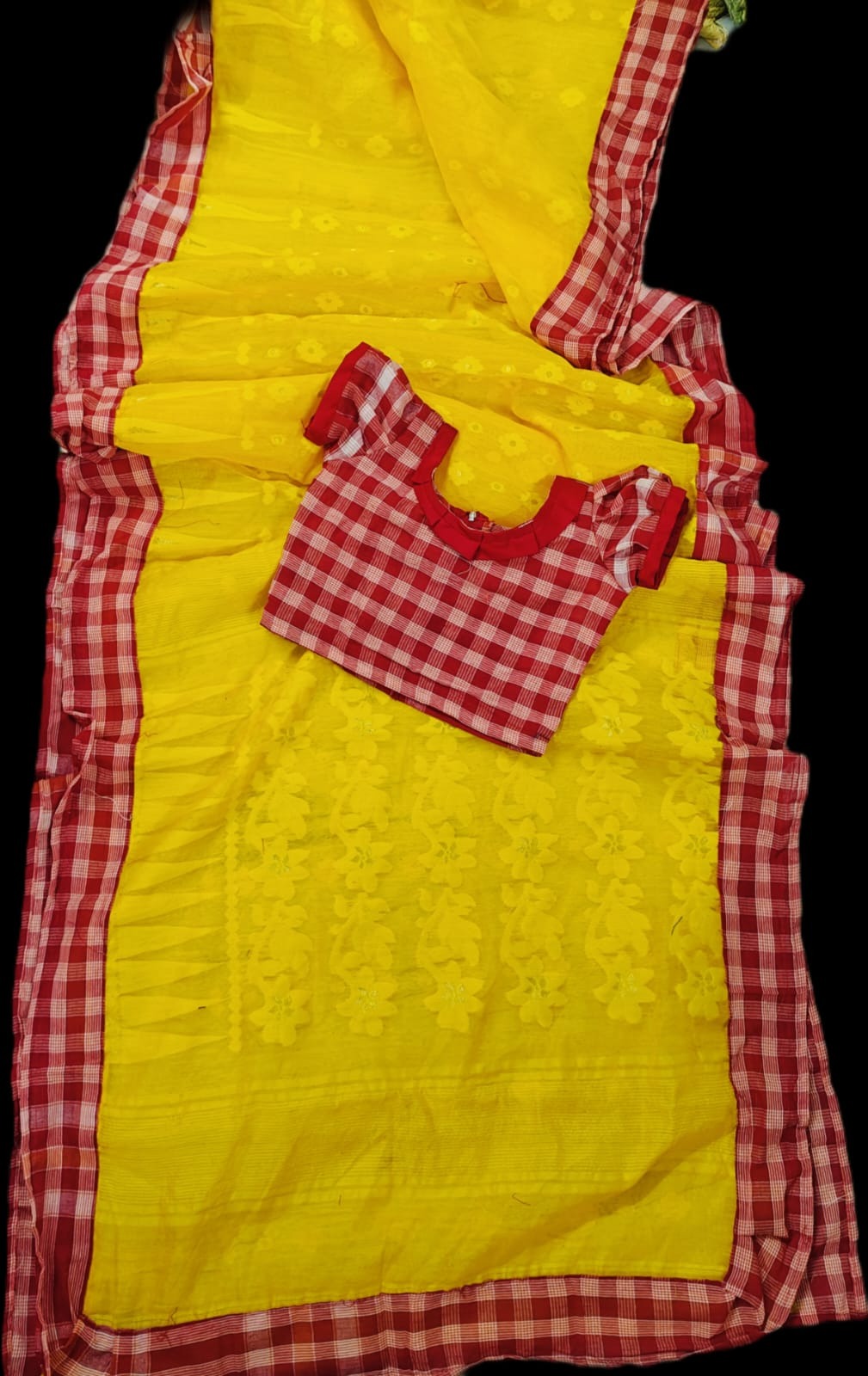 BALIKA TEXTILE Exclusive Premium Quality Kids Gamchha Dhakai Jamdani Baby Saree + Blouse Set (3–6 Years)&nbsp;– Yellow & Red