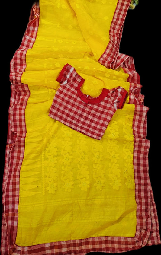 BALIKA TEXTILE Exclusive Premium Quality Kids Gamchha Dhakai Jamdani Baby Saree + Blouse Set (3–6 Years)&nbsp;– Yellow & Red