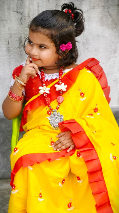 এক্সক্লুসিভ প্রিমিয়াম কোয়ালিটির বাচ্চাদের ঢাকাই জামদানি শাড়ি – হলুদ এবং লাল 