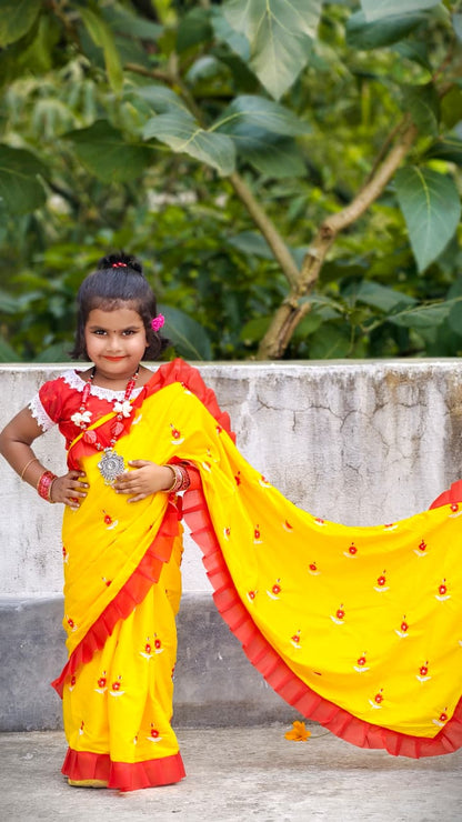 এক্সক্লুসিভ প্রিমিয়াম কোয়ালিটির বাচ্চাদের ঢাকাই জামদানি শাড়ি – হলুদ এবং লাল 