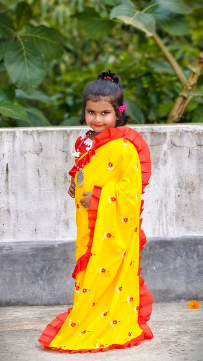 এক্সক্লুসিভ প্রিমিয়াম কোয়ালিটির বাচ্চাদের ঢাকাই জামদানি শাড়ি – হলুদ এবং লাল 