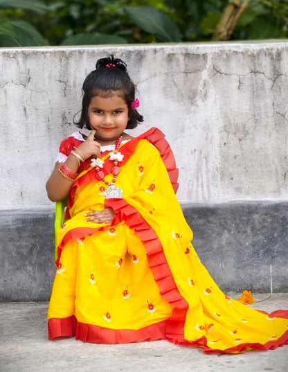 এক্সক্লুসিভ প্রিমিয়াম কোয়ালিটির বাচ্চাদের ঢাকাই জামদানি শাড়ি – হলুদ এবং লাল 