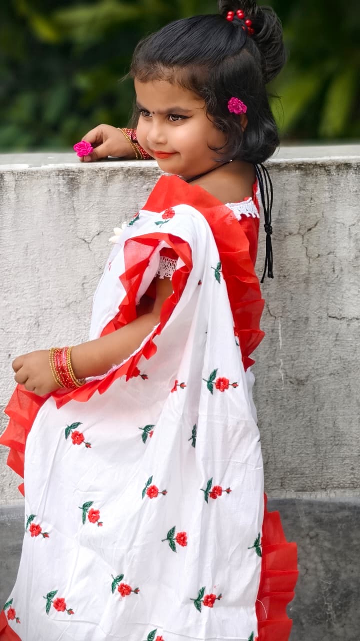 Rayon Cotton Embroidered Kids Saree | Festive Wear Saree for Girls (3–5 Years) | Ligweight & Comfortable | No Blouse Piece (White)