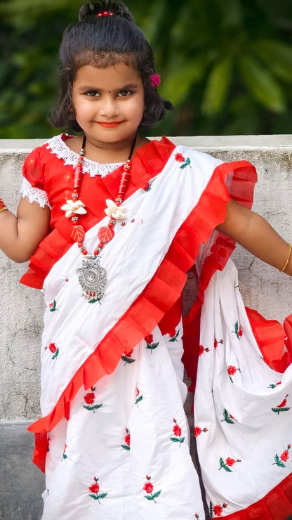 Rayon Cotton Embroidered Kids Saree | Festive Wear Saree for Girls (3–5 Years) | Ligweight & Comfortable | No Blouse Piece (White)