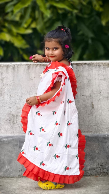 Rayon Cotton Embroidered Kids Saree | Festive Wear Saree for Girls (3–5 Years) | Ligweight & Comfortable | No Blouse Piece (White)