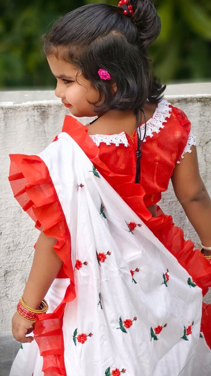 Rayon Cotton Embroidered Kids Saree | Festive Wear Saree for Girls (3–5 Years) | Ligweight & Comfortable | No Blouse Piece (White)