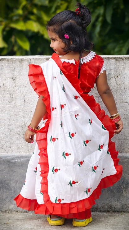 Rayon Cotton Embroidered Kids Saree | Festive Wear Saree for Girls (3–5 Years) | Ligweight & Comfortable | No Blouse Piece (White)