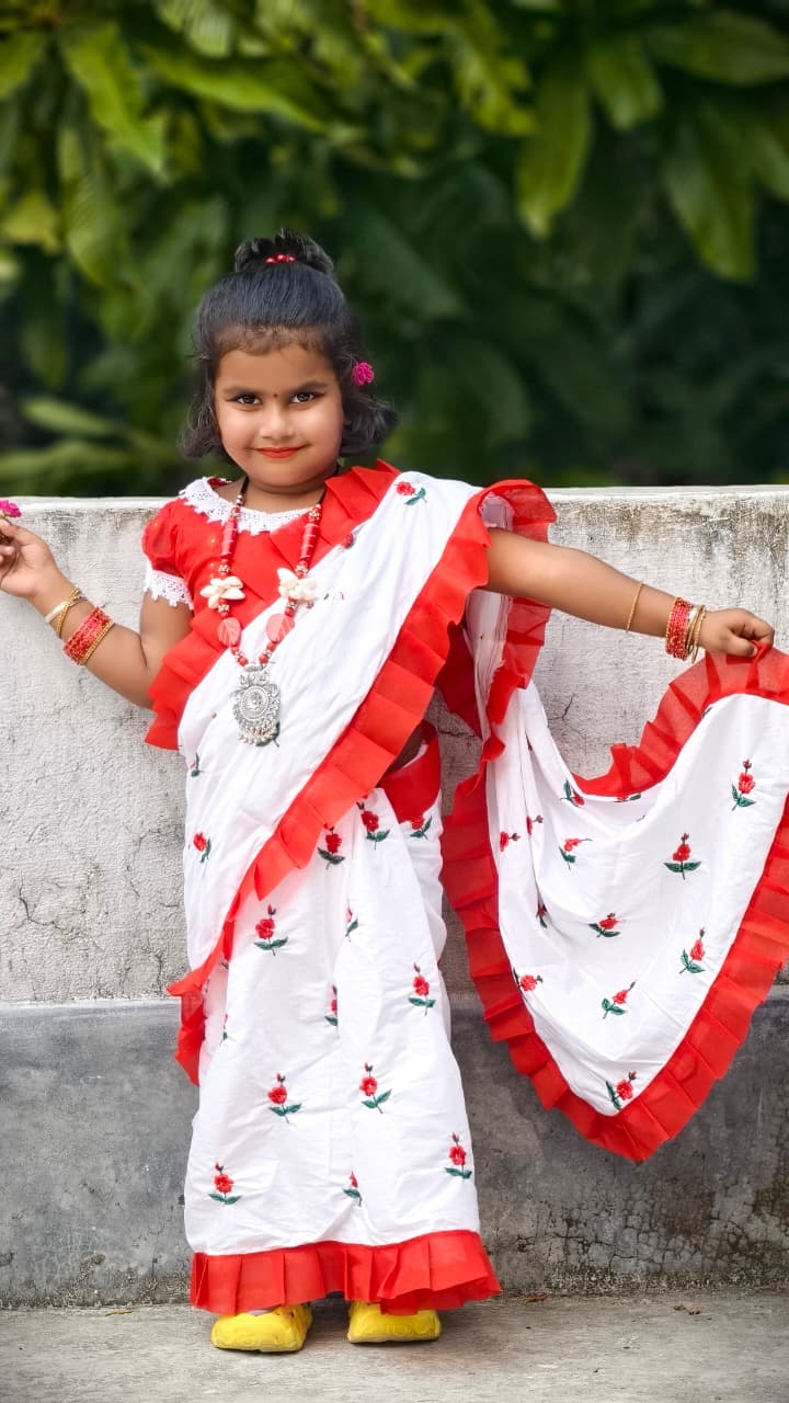 Rayon Cotton Embroidered Kids Saree | Festive Wear Saree for Girls (3–5 Years) | Ligweight & Comfortable | No Blouse Piece (White)