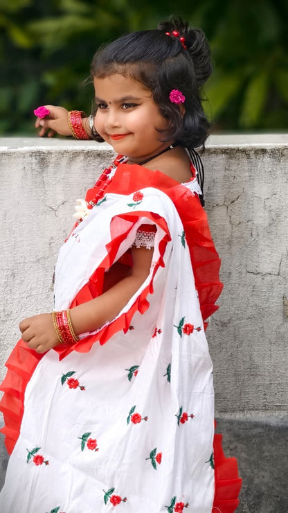 Rayon Cotton Embroidered Kids Saree | Festive Wear Saree for Girls (3–5 Years) | Ligweight & Comfortable | No Blouse Piece (White)