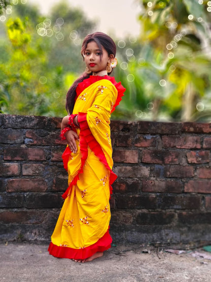 Rayon Cotton Embroidered Kids Saree | Festive Wear Saree for Girls (3–5 Years) | Lightweight & Comfortable | No Blouse Piece
