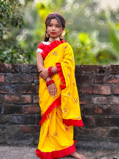 Rayon Cotton Embroidered Kids Saree | Festive Wear Saree for Girls (3–5 Years) | Lightweight & Comfortable | No Blouse Piece