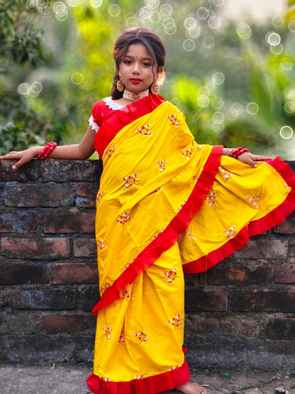 Rayon Cotton Embroidered Kids Saree | Festive Wear Saree for Girls (3–5 Years) | Lightweight & Comfortable | No Blouse Piece