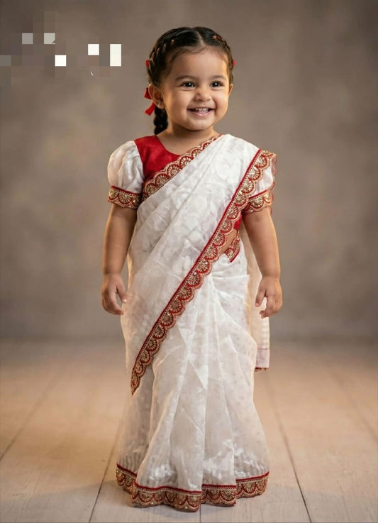 Jamdani Kids Saree with Golden Ruffle Work & Blouse Set | Premium Festive Wear for Girls (3–5 Years) | Soft & Lightweight Traditional Outfit