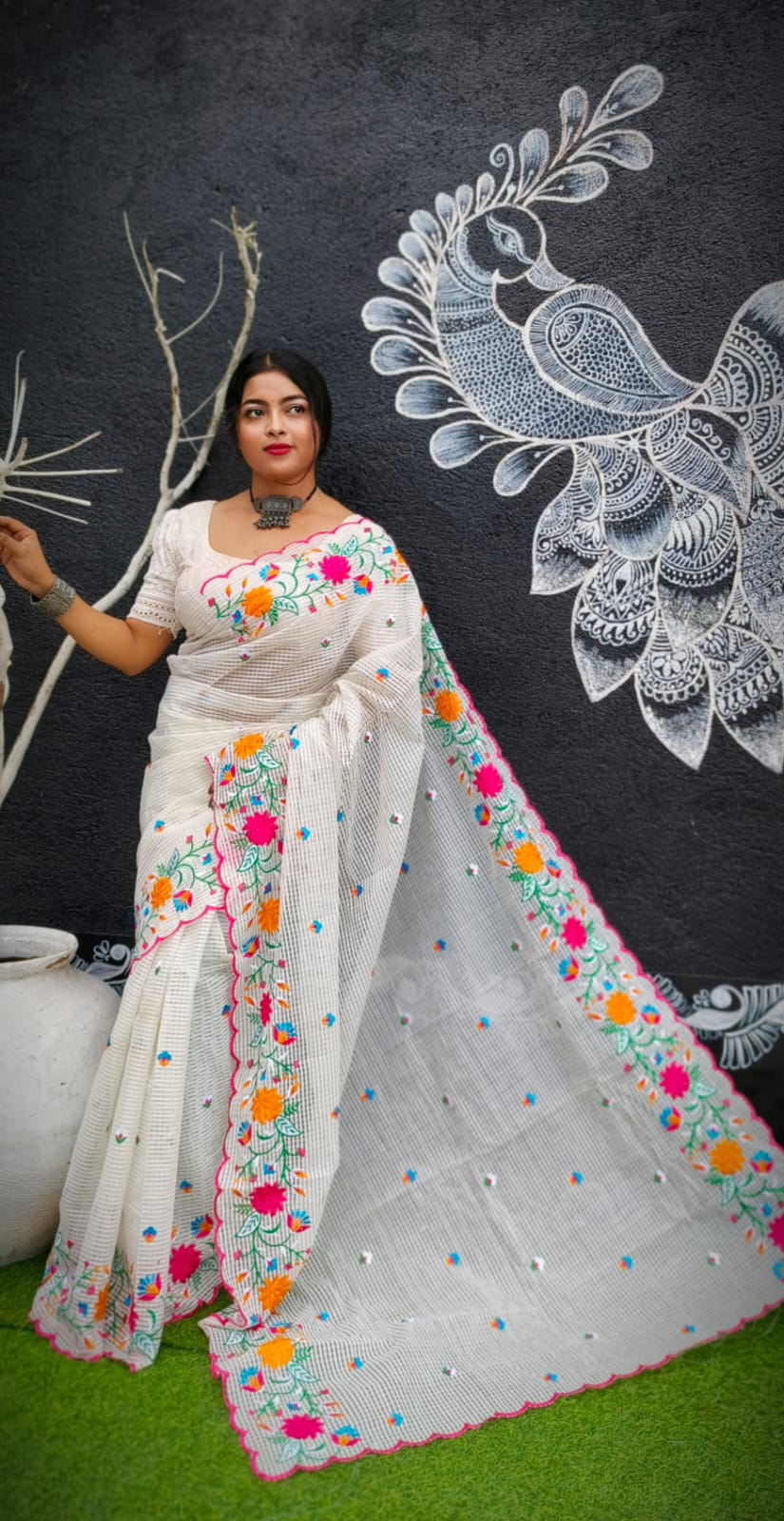 Pure Kota Embroidery Saree for Women Multicolor Floral Thread Work Designer Saree Without Blouse
