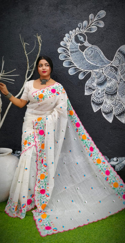Pure Kota Embroidery Saree for Women Multicolor Floral Thread Work Designer Saree Without Blouse