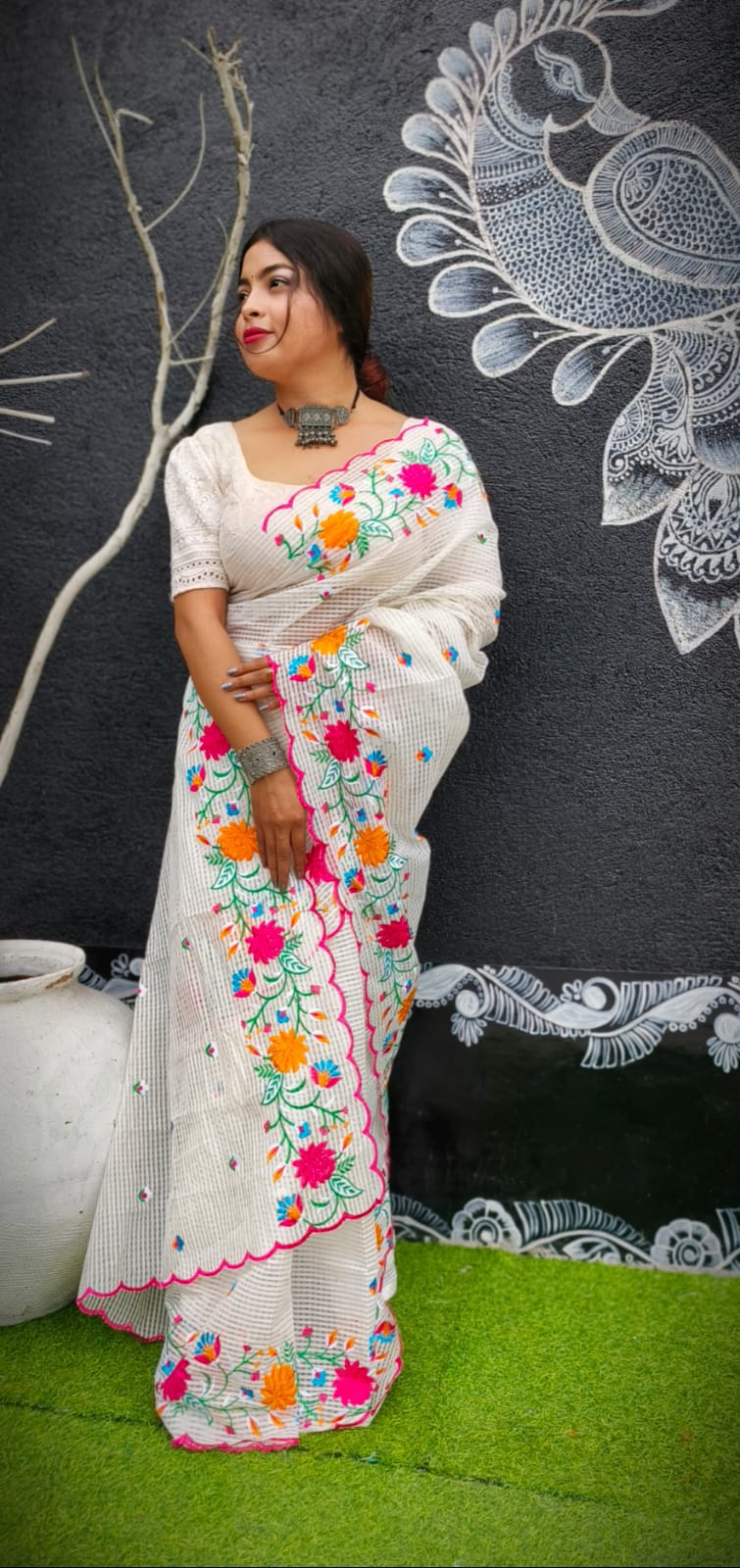 Pure Kota Embroidery Saree for Women Multicolor Floral Thread Work Designer Saree Without Blouse