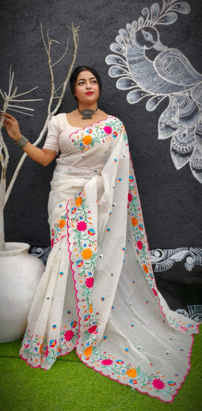 Pure Kota Embroidery Saree for Women Multicolor Floral Thread Work Designer Saree Without Blouse