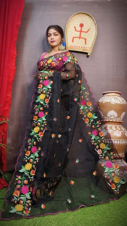 Pure Kota Embroidery Saree for Women Multicolor Floral Thread Work Designer Saree Without Blouse