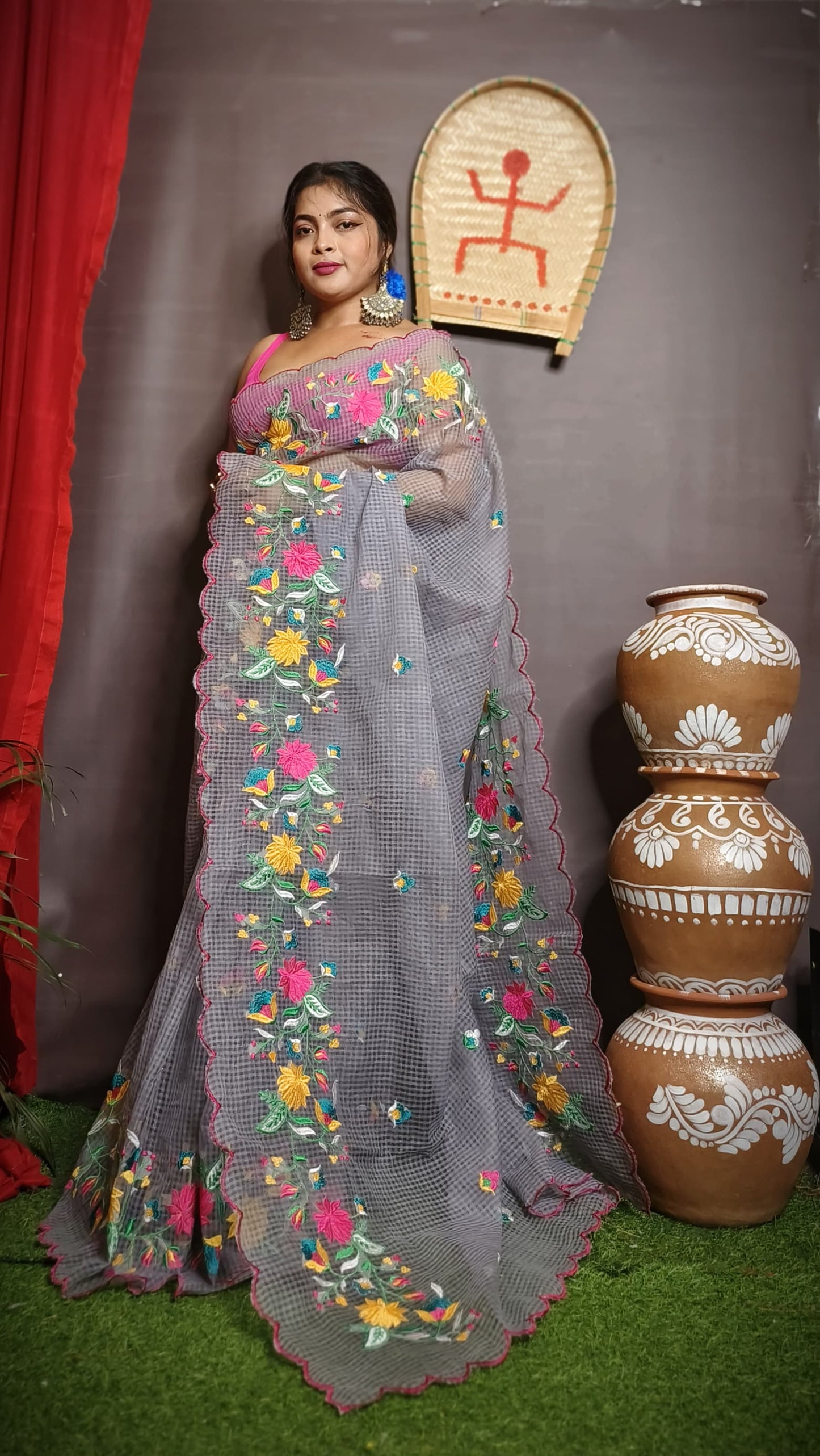Pure Kota Embroidery Saree for Women Multicolor Floral Thread Work Designer Saree Without Blouse