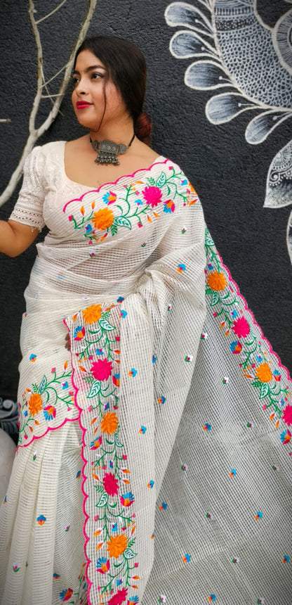 Pure Kota Embroidery Saree for Women Multicolor Floral Thread Work Designer Saree Without Blouse