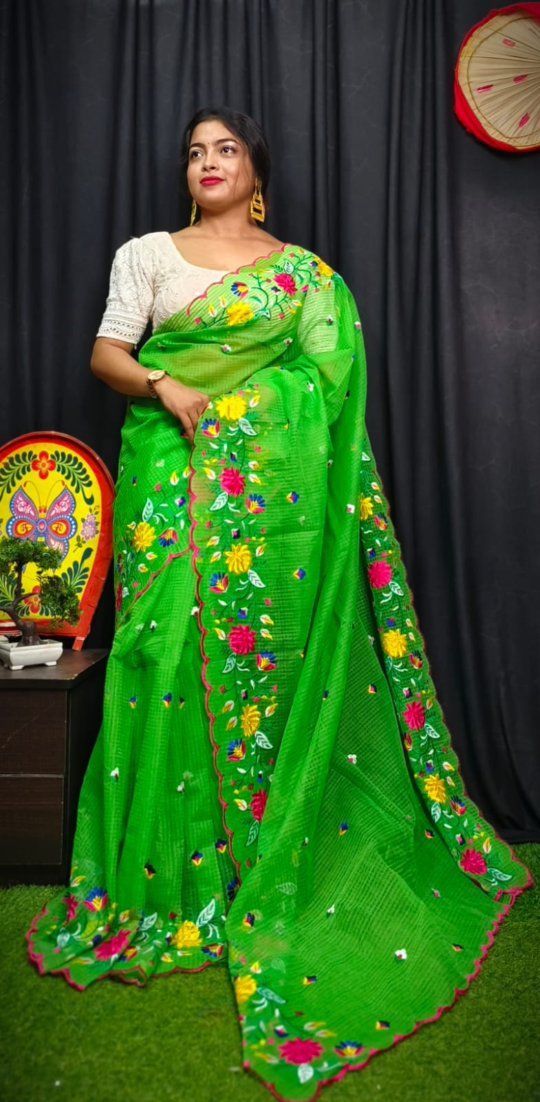 BALIKA TEXTILE Pure Kota Embroidery Saree for Women | Multicolor Floral Thread Work Designer Saree | Lightweight Festive & Party Wear | Without Blouse