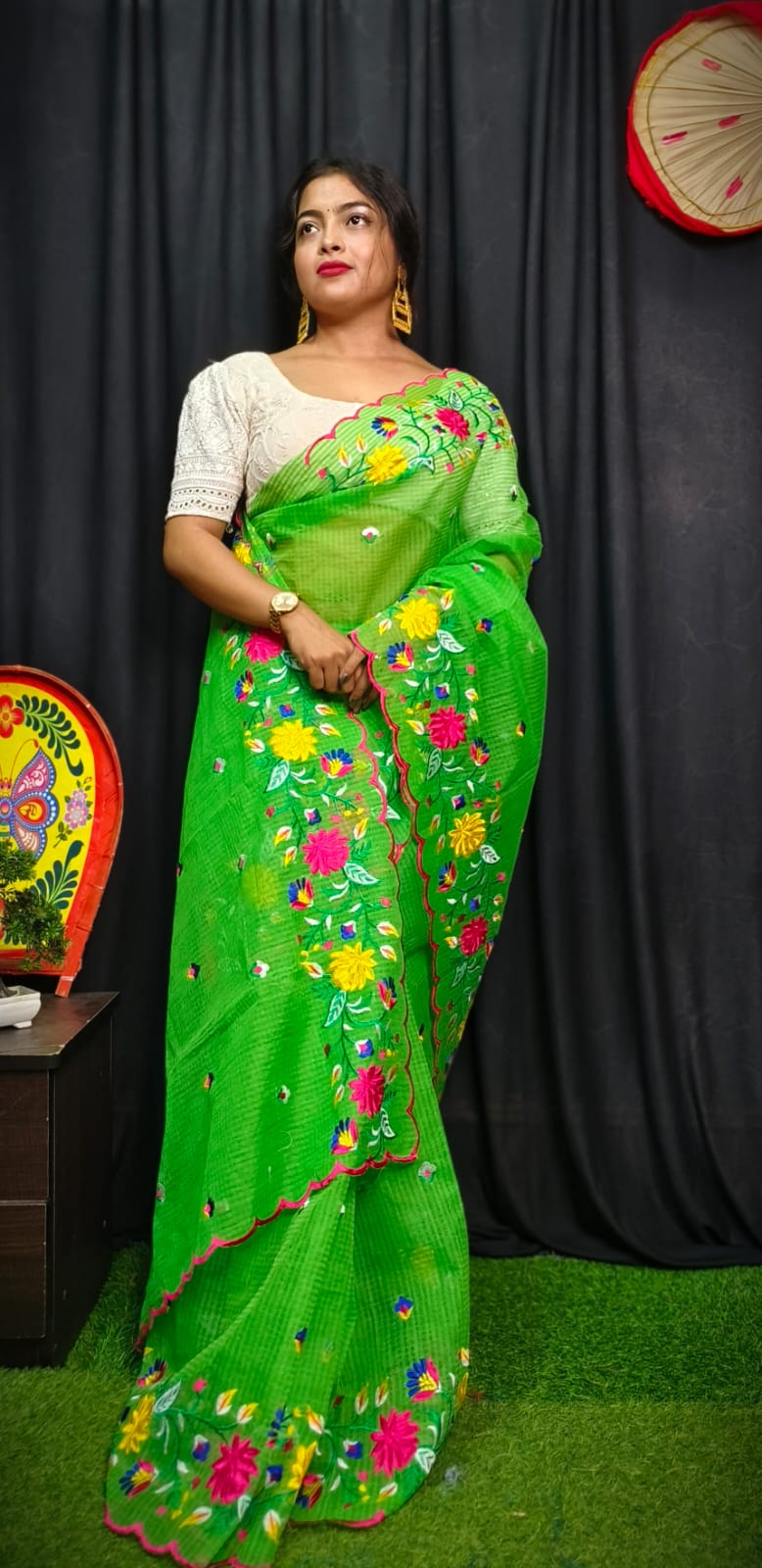 BALIKA TEXTILE Pure Kota Embroidery Saree for Women | Multicolor Floral Thread Work Designer Saree | Lightweight Festive & Party Wear | Without Blouse